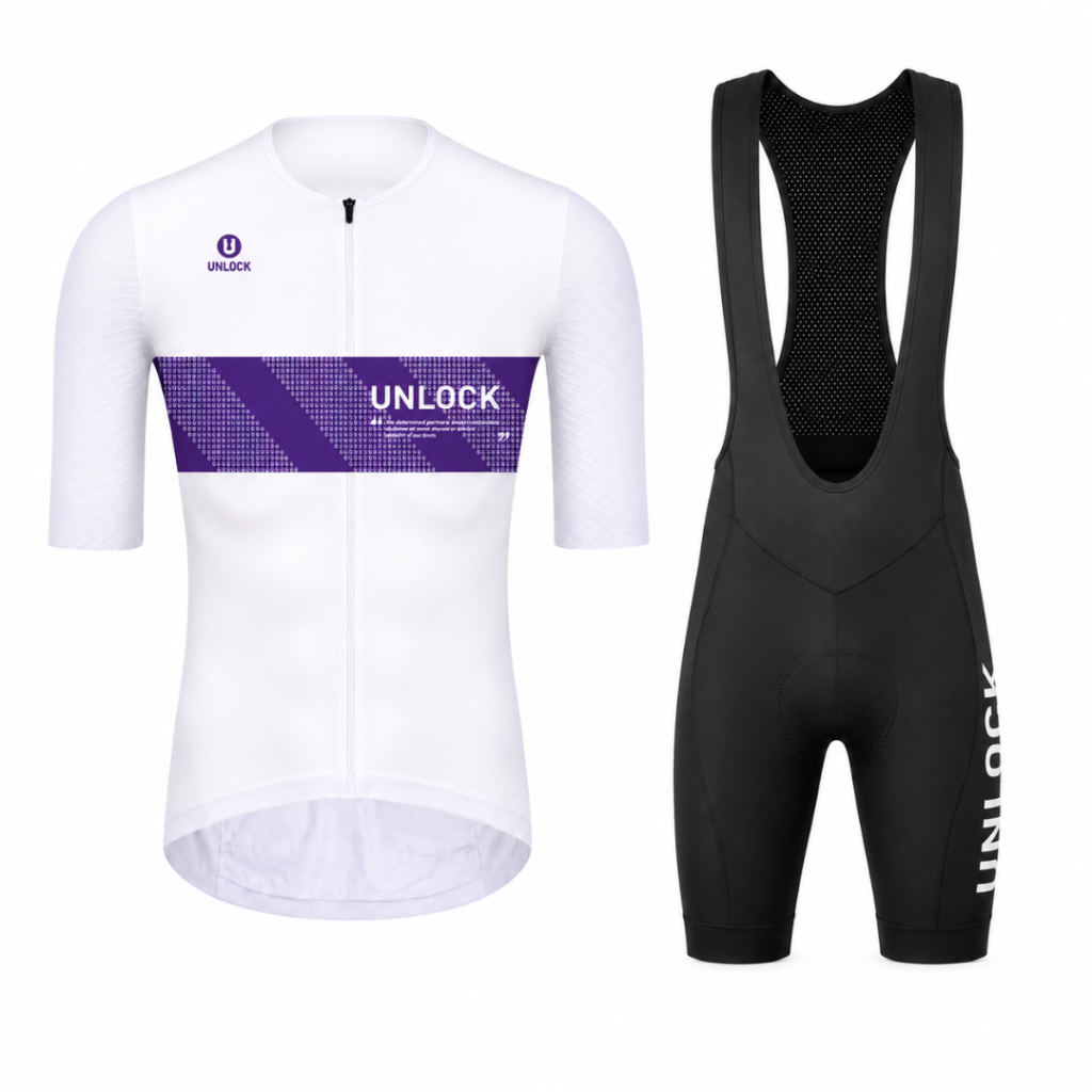 Ensemble Cycliste UNLOCK Signature – Blanc, Violet & Noir Unisexe