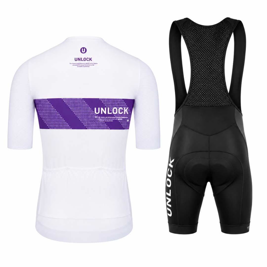 Ensemble Cycliste UNLOCK Signature – Blanc, Violet & Noir Unisexe