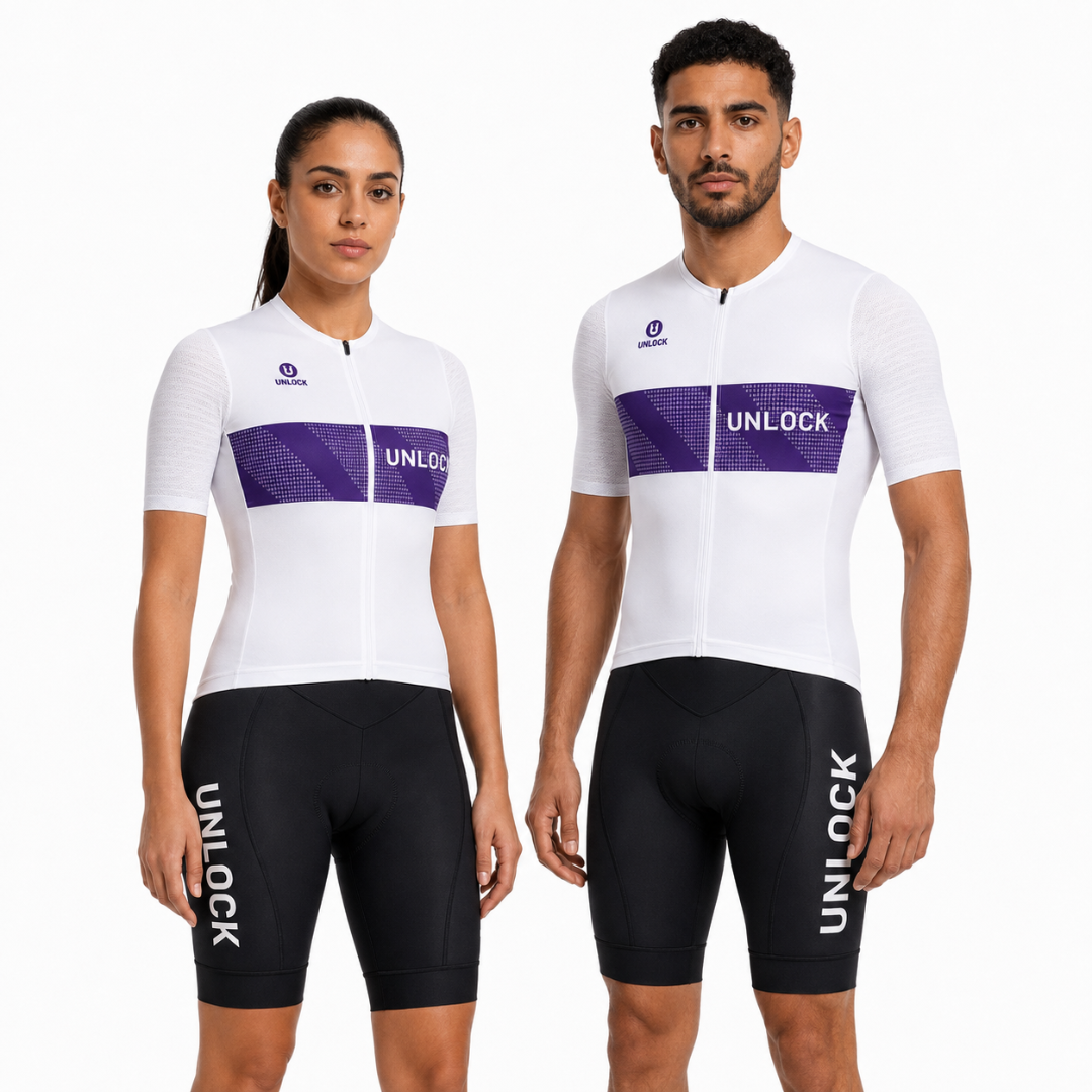 Ensemble Cycliste UNLOCK Signature – Blanc, Violet & Noir Unisexe